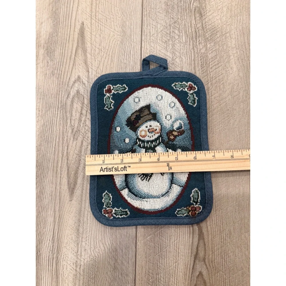 Vintage Christmas Potholder Set Snowman Tapestry & Santa Hat Cooking 2pc Holiday